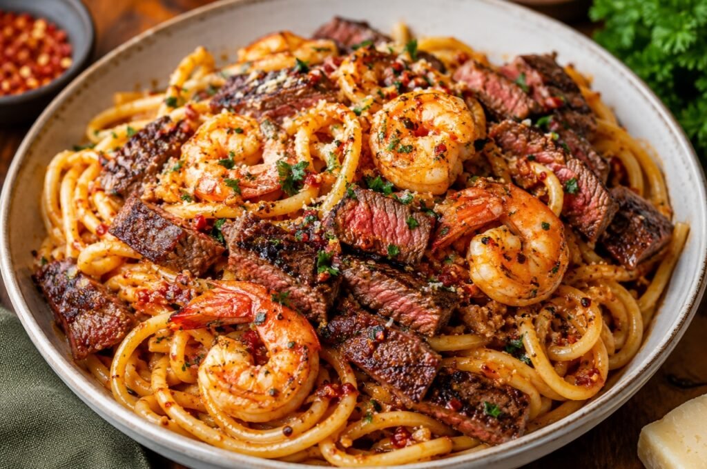 Calabrian Steak and Shrimp Bucatini Recipe